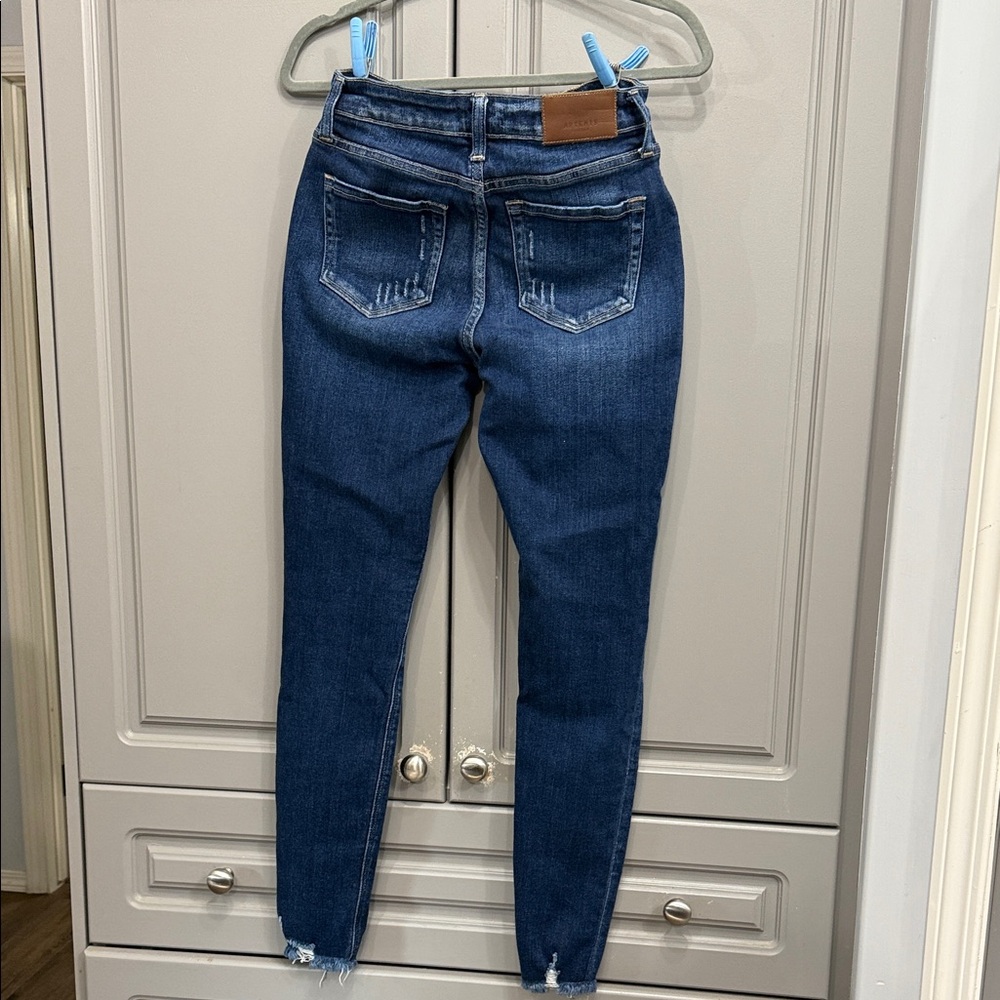 Women's high waisted Dark Blue Distressed Skinny Jeans - Picture 4 of 10